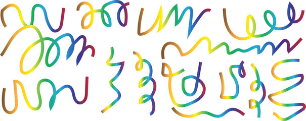 Colorful Abstract Curvy Lines Set – Rainbow Wavy Scribble Shapes, Decorative Gradient Swirl Elements