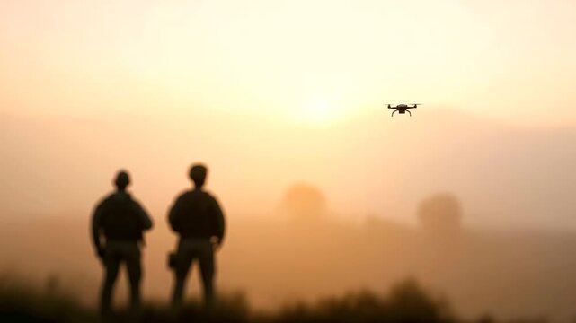 Soldiers and drone silhouettes in defocused foggy landscape, faceless technological warfare, navigation visualization detail, blurred dawn background, mystery concept, combat inter