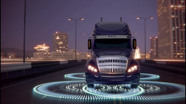 American truck future drive Lorry container trailer highway road urban city skyscrapers. Commercial freight cargo logistics shipping delivery transport business industry no driver technology 3d render