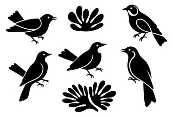 Set of black bird silhouettes and abstract foliage shapes