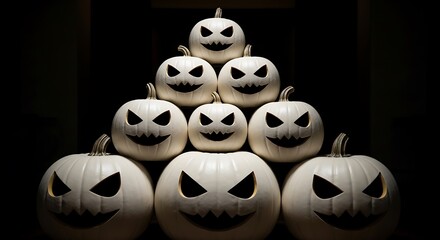Obraz premium Eerie White Pumpkins Stacked for Halloween Display.