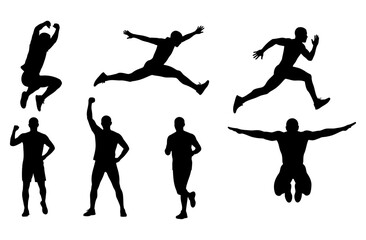 Athletic man silhouette set with various action poses including running, jumping, and celebrating