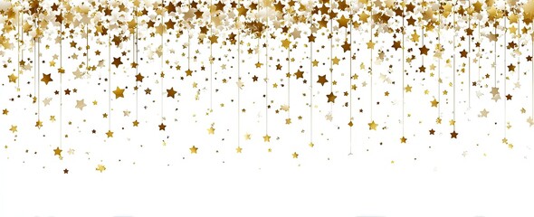 Hanging gold stars cascade down on a white background, festive and twinkling