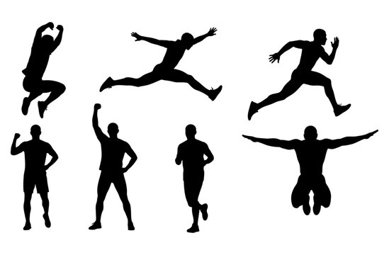 Athletic man silhouette set with various action poses including running, jumping, and celebrating - Powered by Adobe