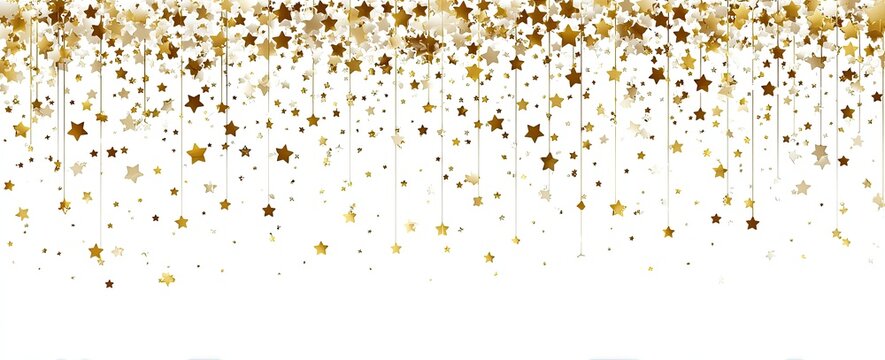 Hanging gold stars cascade down on a white background, festive and twinkling - Powered by Adobe