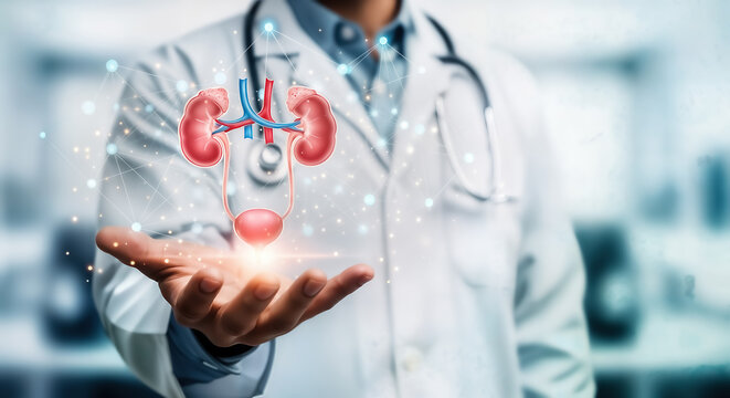 Doctor holding a 3d model of the human urinary system, including kidneys, bladder, and ureters, with glowing particles and a medical background, symbolizing healthcare and medical innovation