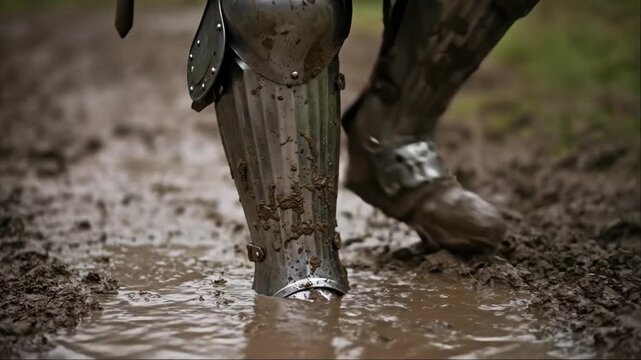 A man in medieval armor walking through deep mud and puddles on a battlefield, showcasing historical war reenactment and soldier struggle.