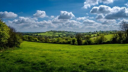 Obraz premium Vibrant green rolling fields stretch beneath a bright blue sky filled with fluffy white clouds.