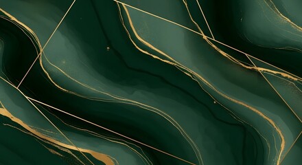 Abstract emerald green marble with flowing gold veins and geometric lines.