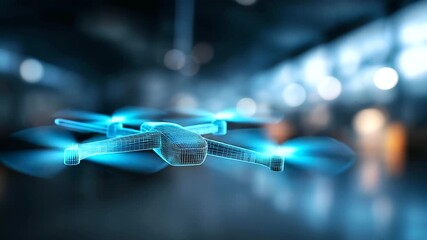 Military drone wireframe glowing blue with defocused background, faceless technical design, digital visualization detail, blurred tech setting, engineering concept, blueprint inter - Powered by Adobe