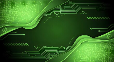 Abstract green digital circuit board background with flowing lines and technological patterns.