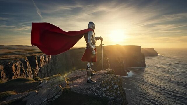 Knight standing with sword on a cliff overlooking the ocean at sunset, cinematic hero journey with flowing red cape concept