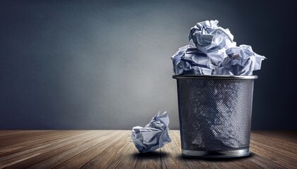 crumpled paper in metal trash can business failure