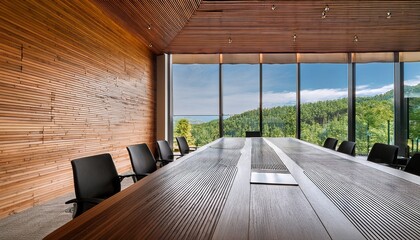 conference room with wooden walls and a large window overlooking a green landscape