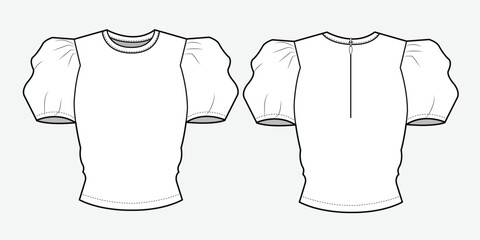Blouson top front and back view vector design mockup template technical flat drawing.