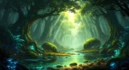 Enchanted forest with glowing mushrooms and sunbeams filtering through ancient trees.