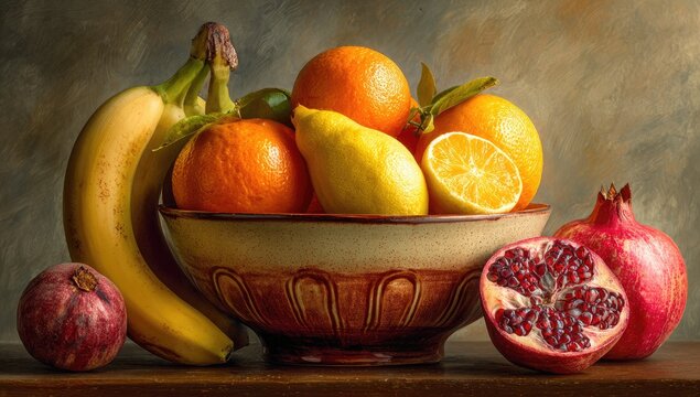 Classic still life fruit bowl, with bananas, oranges, lemons, and pomegranates