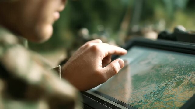 Command interface showing military maps defocused autonomous data, faceless next-gen strategy, tactical visualization detail, blurred screen background, drone concept, command inte