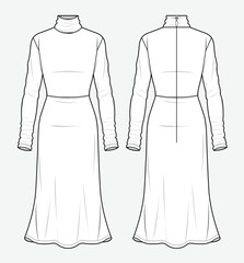 Turtleneck dress front and back view technical flat drawing vector mockup illustration.