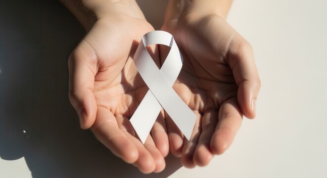 Person holding a white awareness ribbon in cupped hands. Symbol of support for lung cancer and ending violence against women. Health and charity campaign concept