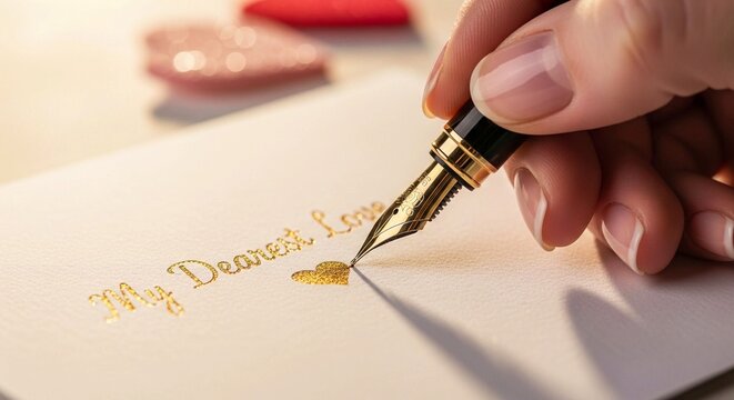 A hand writes a love letter with an elegant fountain pen using shimmering gold ink on fine paper