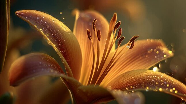 Close up of a vibrant orange lily flower with water droplets glistening in the sunlight.