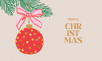 Christmas Holiday banner, card, poster, cover, background. Modern bright Xmas design with hand drawn beautiful Christmas tree, ball with bow and golden confetti for season greetings, sales, print, ads