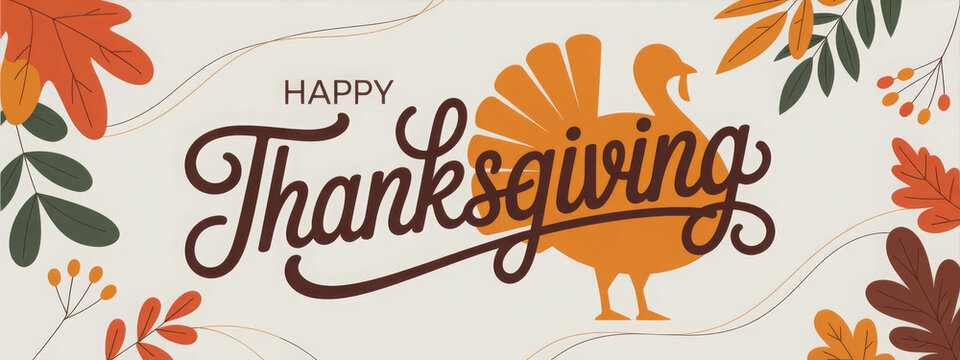 Festive Thanksgiving banner with turkey and autumn leaves elegant script lettering for holiday greetings and seasonal designs