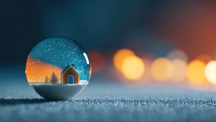 A snow globe displays a miniature cozy cottage scene with falling snow, on a blurred background