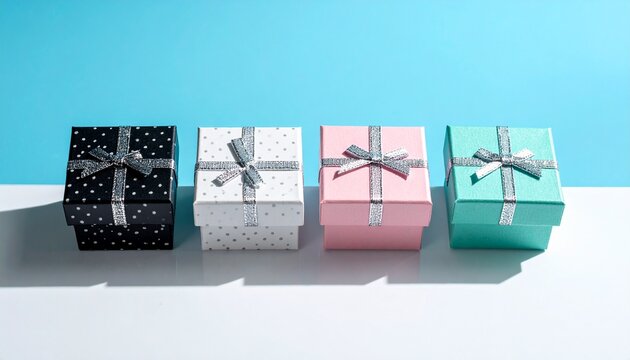 A delightful collection of four colorful gift boxes, each elegantly tied with a silver ribbon, representing thoughtful presents and moments of joyous celebration
