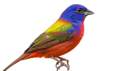 Isolated Painted Bunting with its colorful plumage perched on a branch, facing to the right