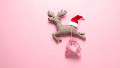 Christmas reindeer ornament with Santa hat and gift bag on pink background