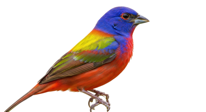 Isolated Painted Bunting with its colorful plumage perched on a branch, facing to the right