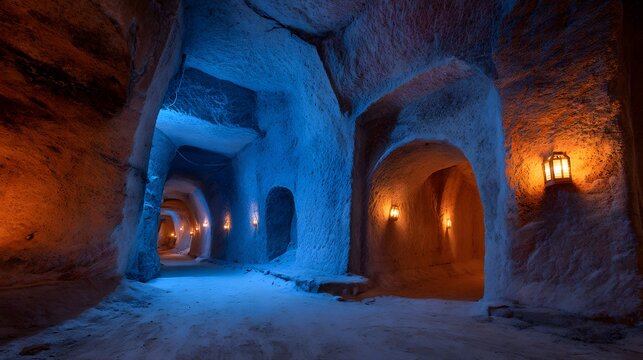 Interior passage of an underground cavern illuminated by contrasting warm and cool colored artificial lighting