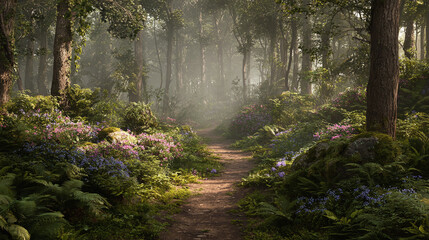 Obraz premium A picturesque path winds through a mystical forest, bathed in sunlight. The scene is lush with vibrant vegetation, creating an inviting and serene atmosphere.