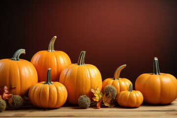 Vibrant autumn harvest display featuring assorted pumpkins and festive fall foliage on a rustic wooden surface