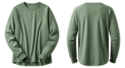 Front and back view of a green long sleeve shirt