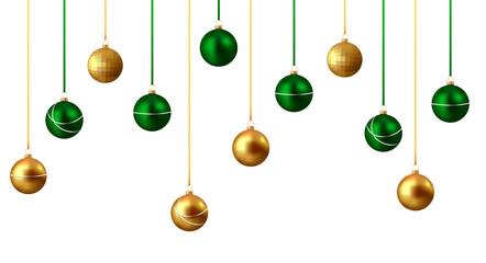 Green and gold christmas balls isolated on transparent background	