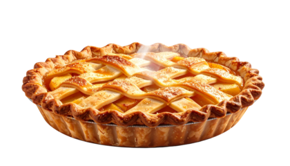 Freshly baked apple pie with warm steam rising. Perfect cozy dessert image for bakery ads, food blogs, menus, and autumn-themed designs.