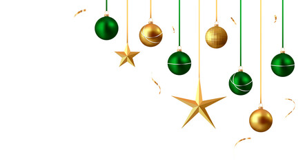 Green and gold christmas balls isolated on transparent background