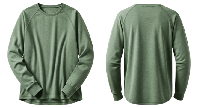 Front and back view of a green long sleeve shirt