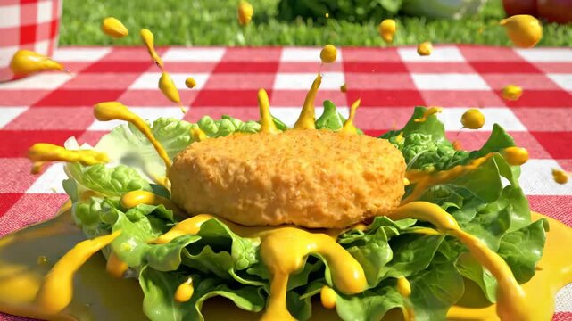 Dynamic splash of rich yellow sauce dramatically lands on a golden crispy food item and fresh lettuce, celebrating the exciting flavors of a summer picnic