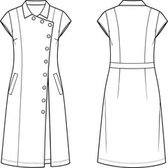 Fashion flat sketch of elegant short sleeve women’s dress with asymmetric front button design, collar neckline, pocket details, and knee-length silhouette, technical drawing illustration