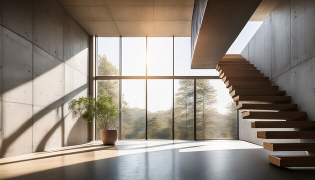 sunlit minimalist interior with concrete walls and staircase featuring clean lines - Powered by Adobe