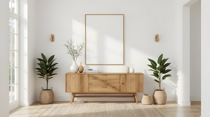 nordic hallway interior with empty frame mockup above wooden console, minimalist scandinavian entryway decor with warm neutral tones