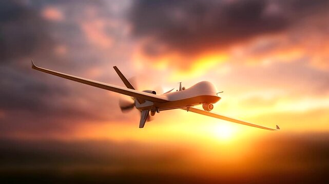 Military drone flying in sky defocused over clouds, faceless aerial mission, flight visualization detail, blurred atmospheric background, reconnaissance concept, UAV interface, pat