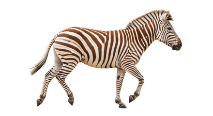 Fototapeta premium Isolated Plains Zebra Walking Across the Frame with its Brown and White Stripes Showing