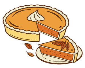 Illustration of a pumpkin pie with a slice and leaves