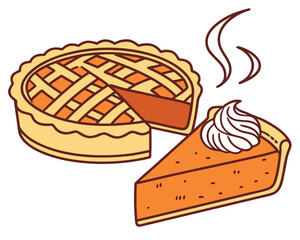 Illustration of a pumpkin pie with lattice crust and slice