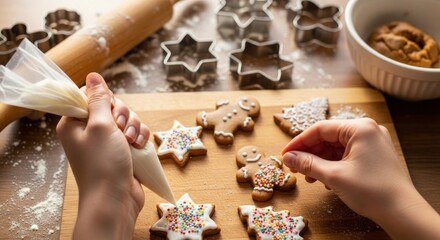 Decorating cookies baking process close up with tools and ingredients